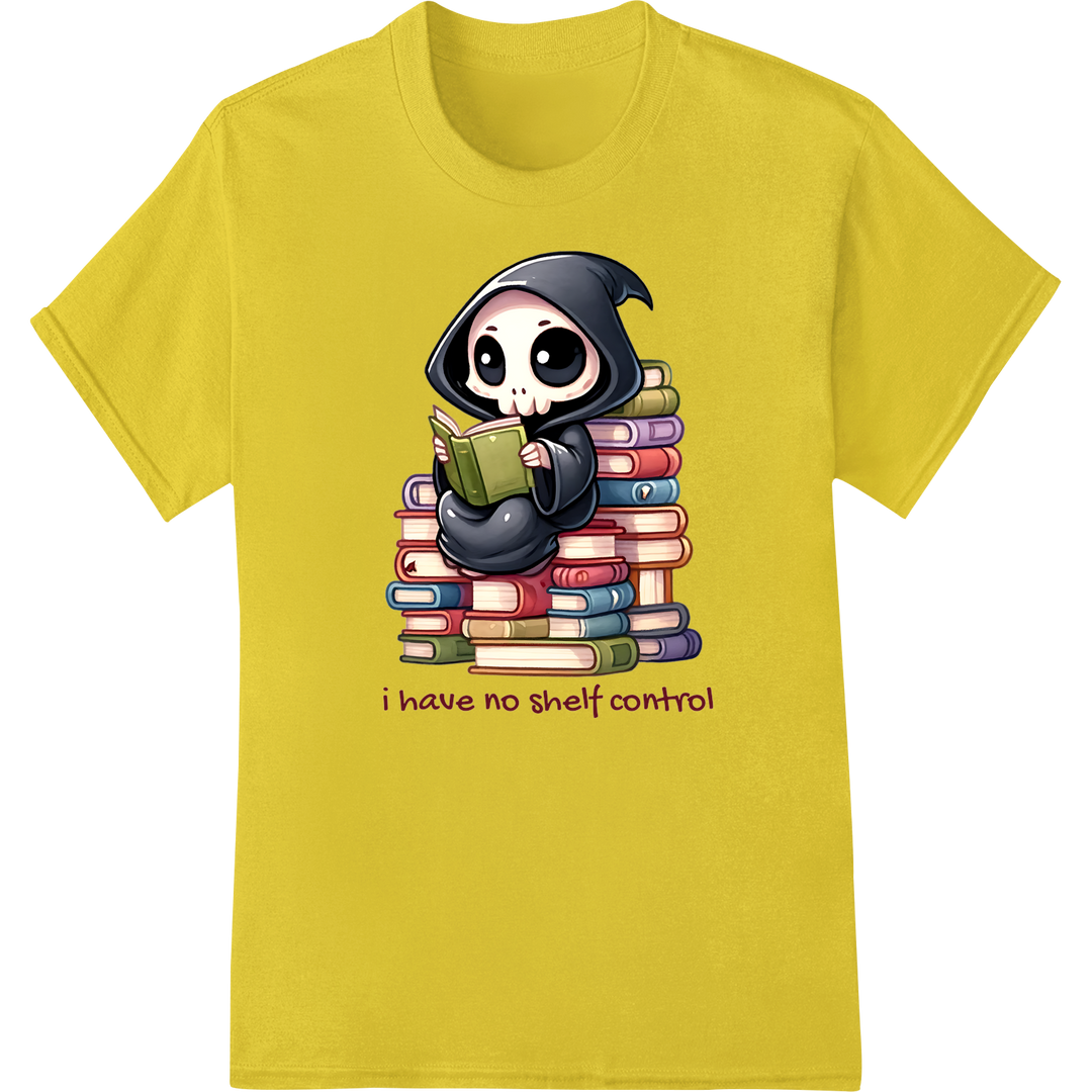 Grim Reaper's Book Obsession: Quirky Halloween DTF Print on yellow shirt - SUPERDTF-DTF Prints-DTF Transfers-Custom DTF Prints