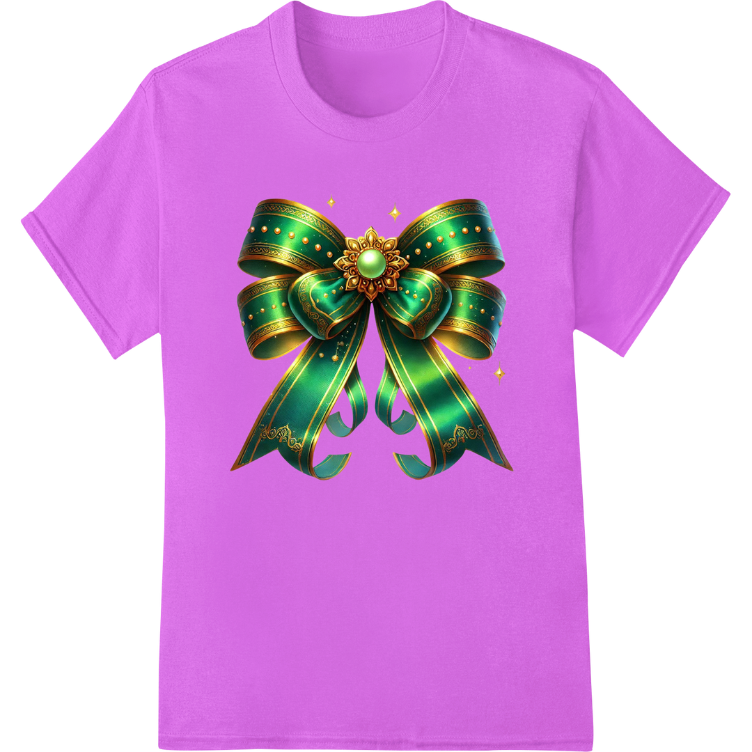 Elegant Emerald and Gold St. Patrick's Day Bow Transfer on purple shirt - SUPERDTF-DTF Prints-DTF Transfers-Custom DTF Prints