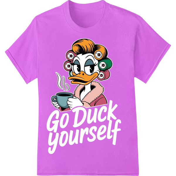 Playful Cartoon Duck Enjoys Coffee - Humorous DTF Print on purple shirt - SUPERDTF-DTF Prints-DTF Transfers-Custom DTF Prints