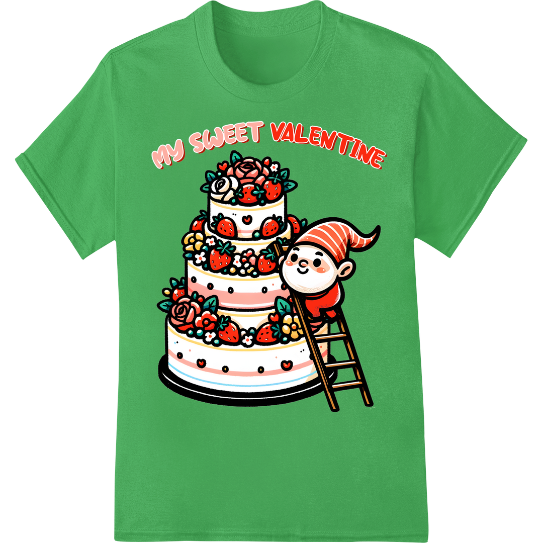 Adorable Gnome Valentine Cake DTF Print Heat Transfer on green shirt - SUPERDTF-DTF Prints-DTF Transfers-Custom DTF Prints