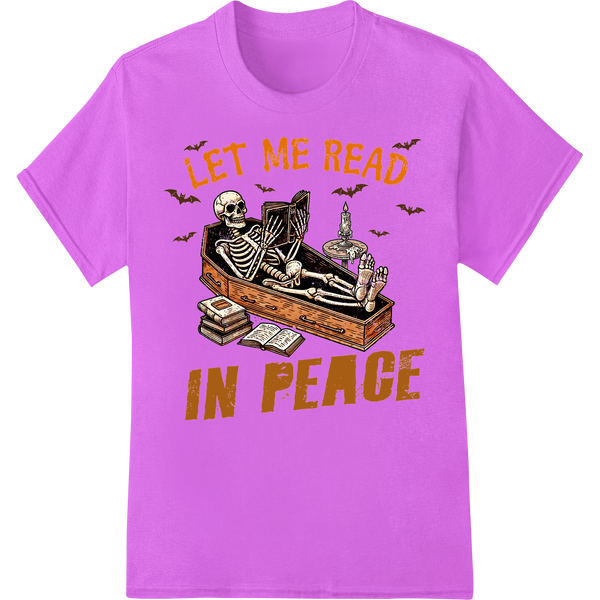 Haunting Skeleton Reads in Peace - Halloween DTF Print on purple shirt - SUPERDTF-DTF Prints-DTF Transfers-Custom DTF Prints