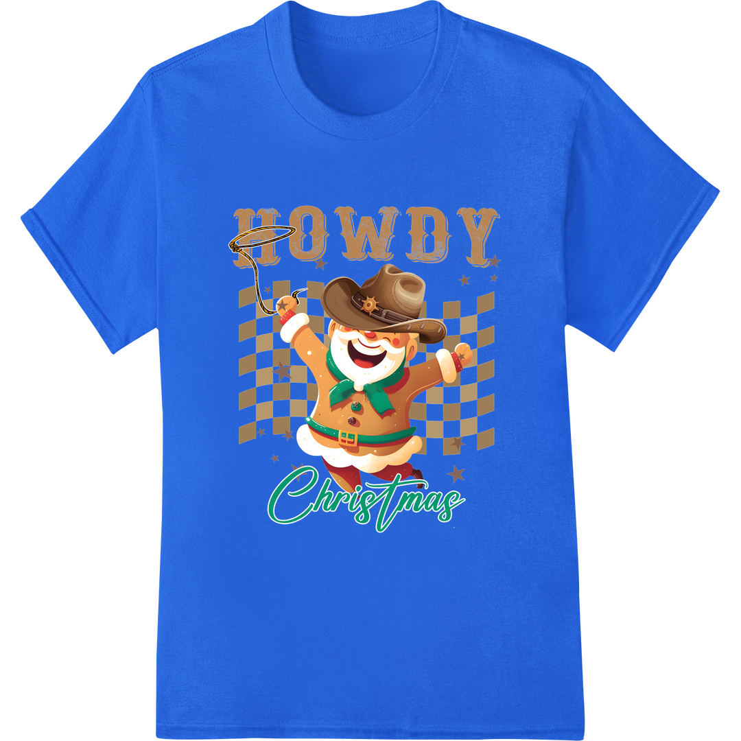 Howdy Christmas Cowboy Gingerbread DTF Print Transfer on blue shirt - SUPERDTF-DTF Prints-DTF Transfers-Custom DTF Prints