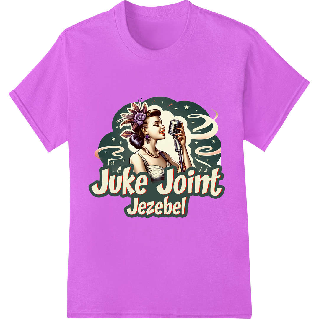 Retro Pin-Up Juke Joint Jezebel DTF Print Heat Transfer on purple shirt - SUPERDTF-DTF Prints-DTF Transfers-Custom DTF Prints