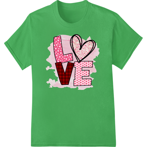 A charming and eye-catching heat transfer design featuring a heart pattern, perfect for Valentine's Day custom apparel.