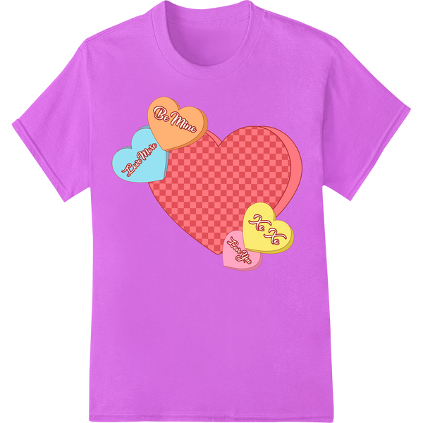 Retro Valentine's Hearts: Vibrant Love DTF Print Transfer on purple shirt - SUPERDTF-DTF Prints-DTF Transfers-Custom DTF Prints