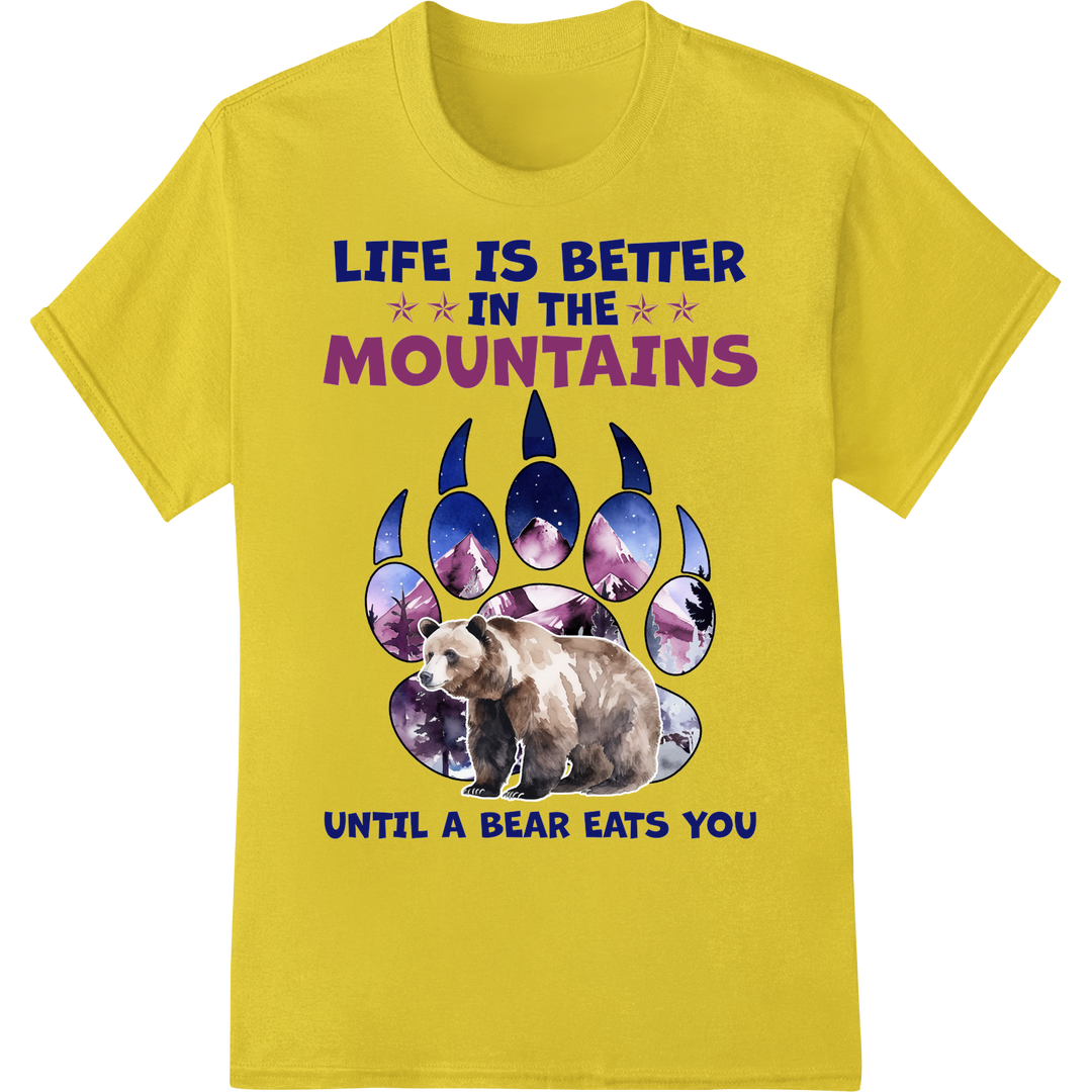 Cosmic Camping Adventure: Life, Mountains & Bears Humor on yellow shirt - SUPERDTF-DTF Prints-DTF Transfers-Custom DTF Prints