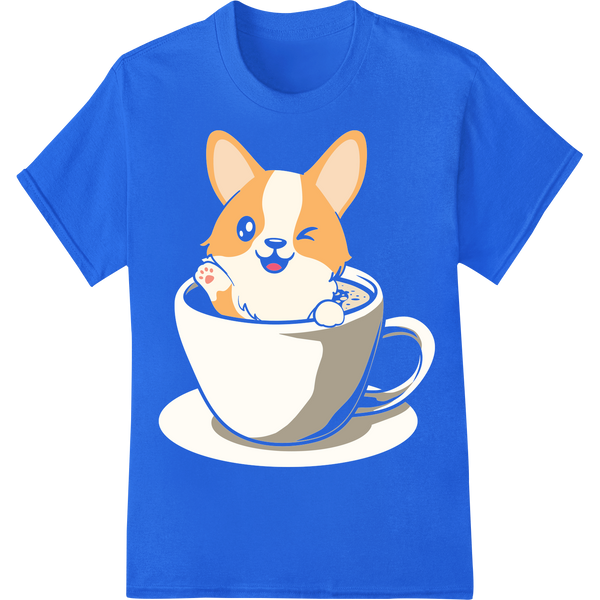 Adorable Corgi in a Cup: Cute Animal DTF Print Transfer on blue shirt - SUPERDTF-DTF Prints-DTF Transfers-Custom DTF Prints