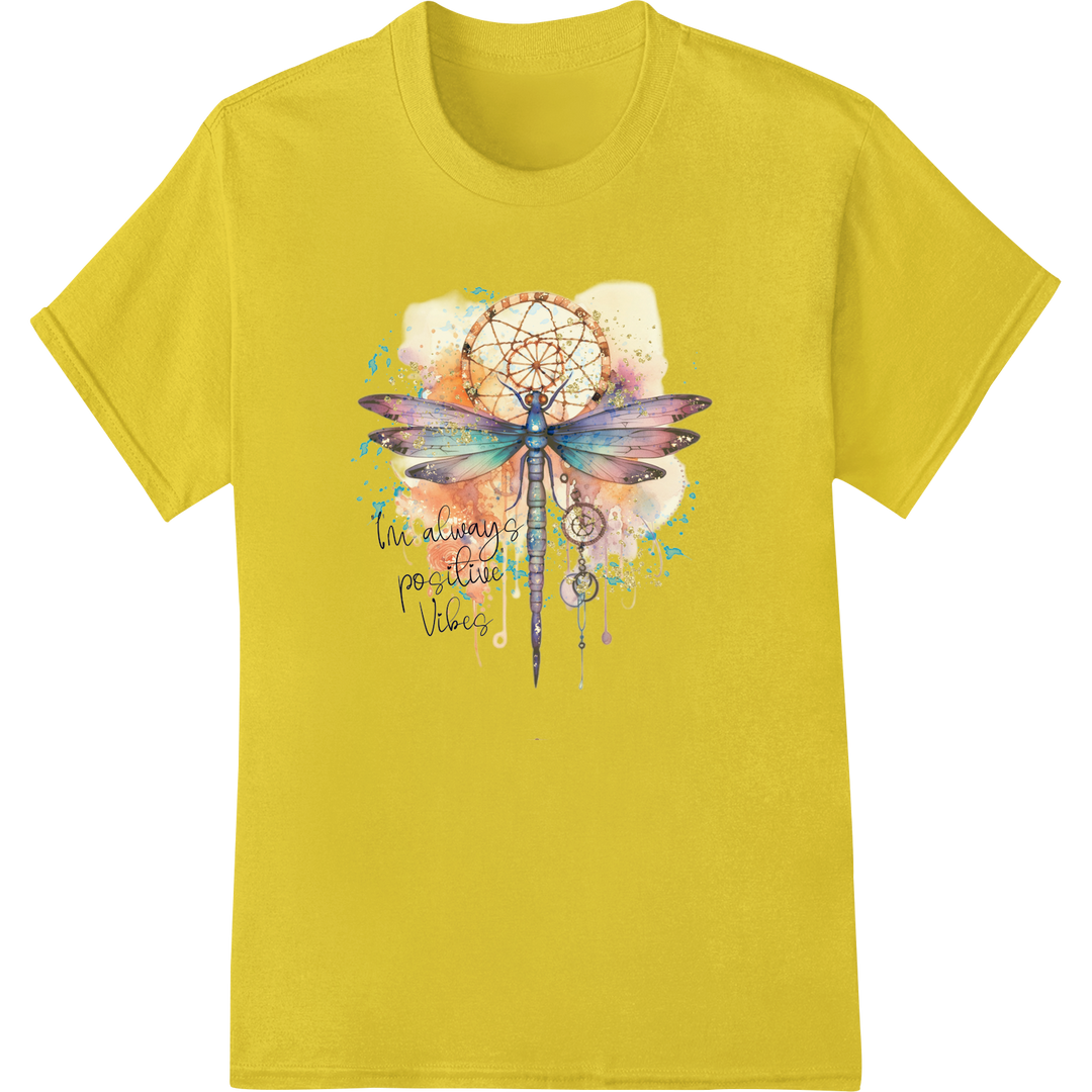 Positive Vibes Dragonfly Watercolor DTF Print Heat Transfer on yellow shirt - SUPERDTF-DTF Prints-DTF Transfers-Custom DTF Prints