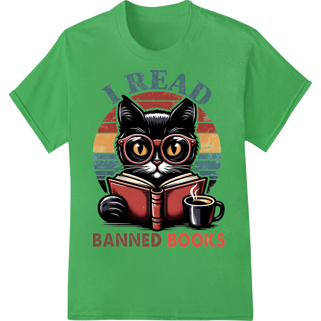 Wise Cat Reads Banned Books | Bold DTF Print Heat Transfer on green shirt - SUPERDTF-DTF Prints-DTF Transfers-Custom DTF Prints