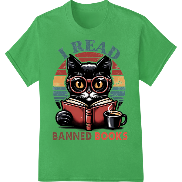 Wise Cat Reads Banned Books | Bold DTF Print Heat Transfer on green shirt - SUPERDTF-DTF Prints-DTF Transfers-Custom DTF Prints