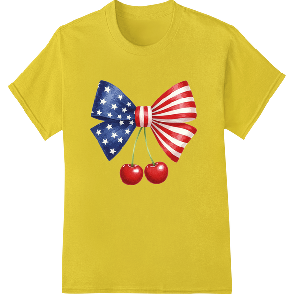 Patriotic Bow & Cherries 4th of July Heat Transfer Print on yellow shirt - SUPERDTF-DTF Prints-DTF Transfers-Custom DTF Prints