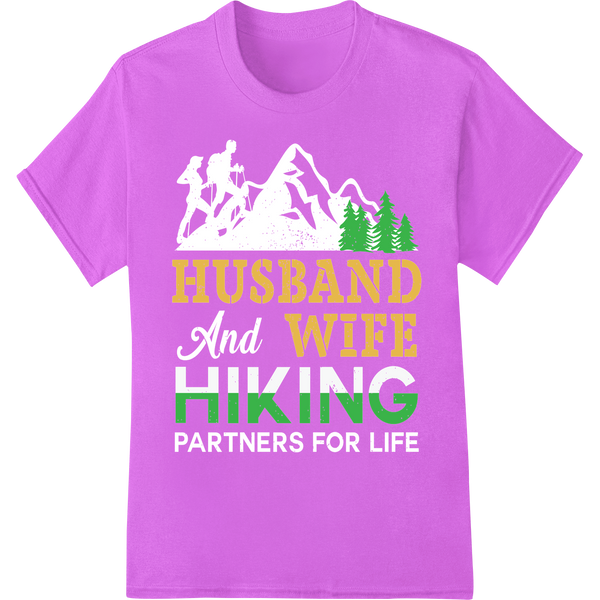 Outdoorsy Duo: Husband Wife Hiking Adventure DTF Print on purple shirt - SUPERDTF-DTF Prints-DTF Transfers-Custom DTF Prints