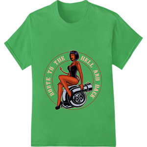 Expert custom apparel craftsmanship on Hell Yeah Pinup Devil Girl Halloween Heat Transfer