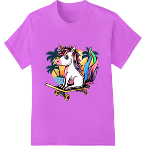 Radical Rainbow Unicorn Skateboarding DTF Heat Transfer with custom apparel decoration artwork