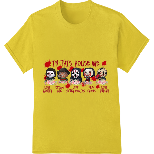 Horror Family Home Rules with Freddy, Jason & More on yellow shirt - SUPERDTF-DTF Prints-DTF Transfers-Custom DTF Prints