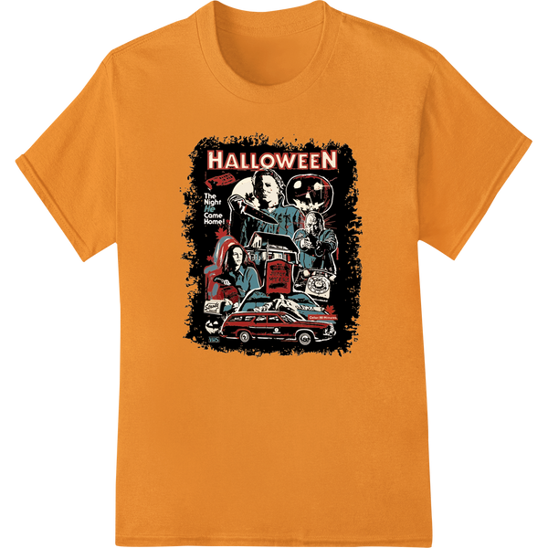 Vintage-style Halloween design showing classic movie villains like Freddy Krueger and Michael Myers driving cars on a spooky...