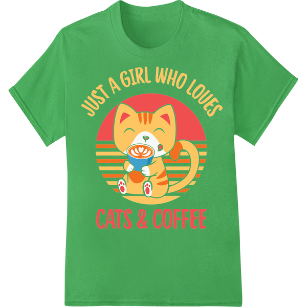 Purrfect Pair: Cute Cat & Coffee DTF Print Heat Transfer on green shirt - SUPERDTF-DTF Prints-DTF Transfers-Custom DTF Prints