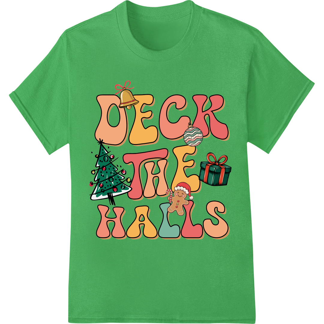 Festive 'Deck the Halls' Christmas Coffee DTF Print Design on green shirt - SUPERDTF-DTF Prints-DTF Transfers-Custom DTF Prints