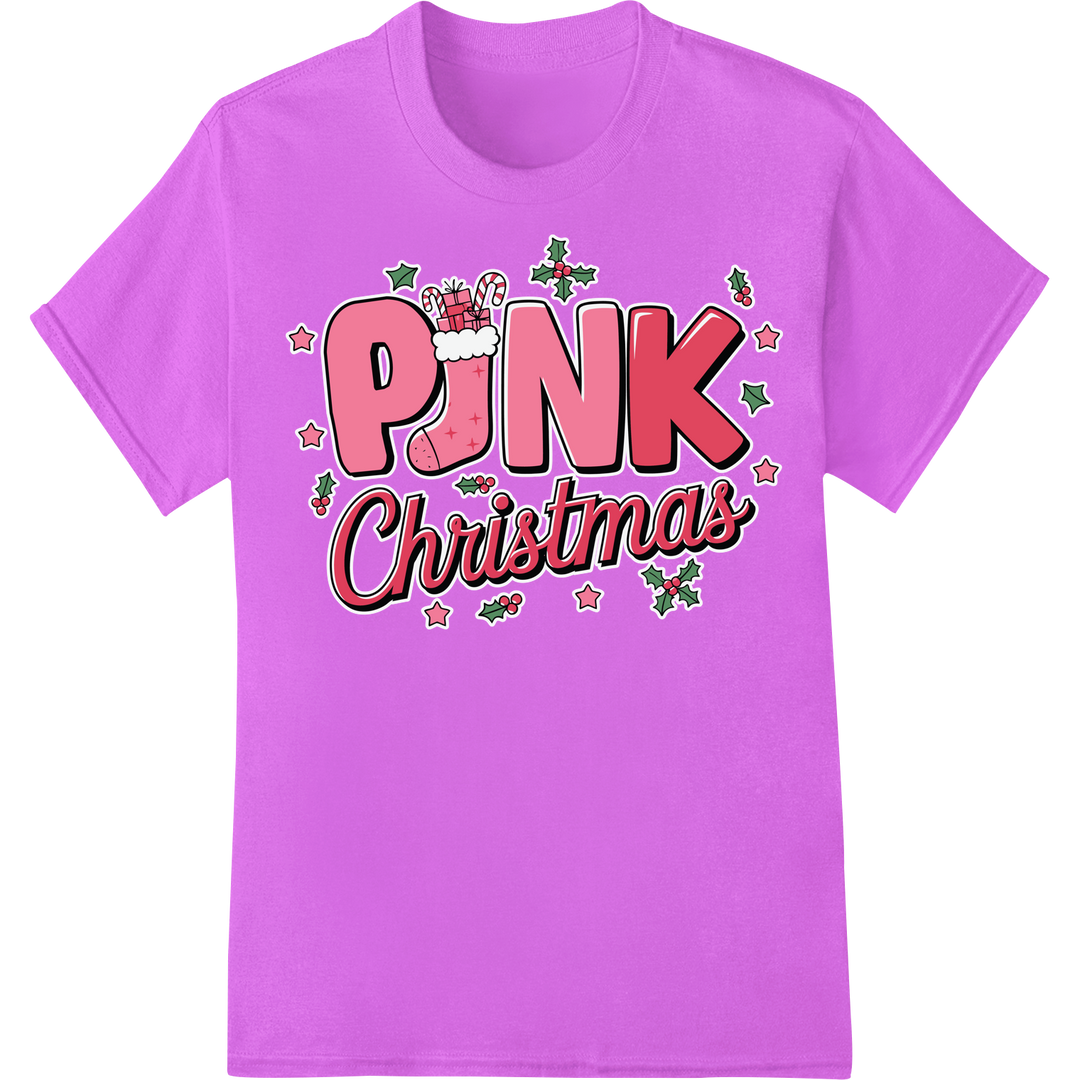 PINK Christmas DTF Heat Transfer: Festive & Fun Holiday Print on purple shirt - SUPERDTF-DTF Prints-DTF Transfers-Custom DTF Prints