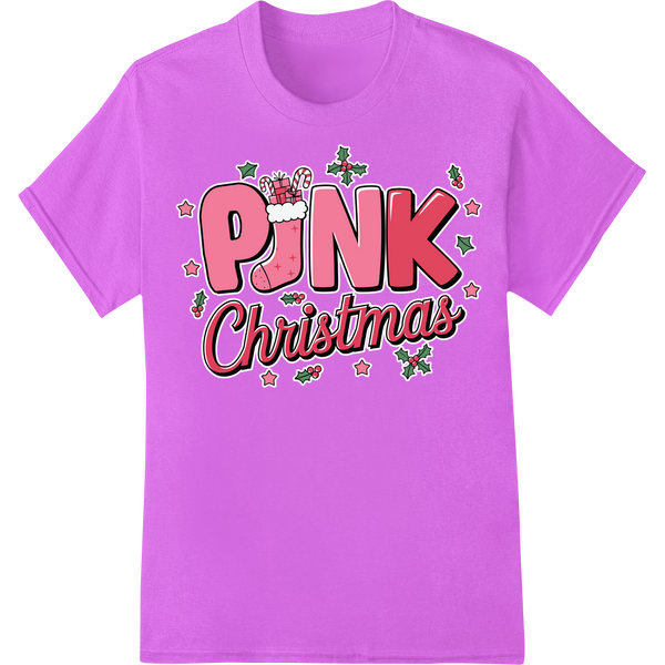 PINK Christmas DTF Heat Transfer: Festive & Fun Holiday Print on purple shirt - SUPERDTF-DTF Prints-DTF Transfers-Custom DTF Prints