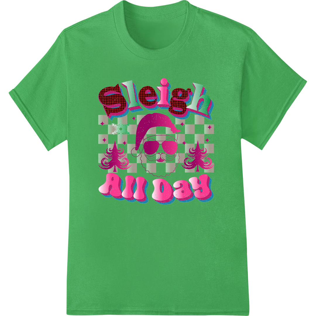 Pink Christmas Sleigh All Day Santa DTF Heat Transfer on green shirt - SUPERDTF-DTF Prints-DTF Transfers-Custom DTF Prints