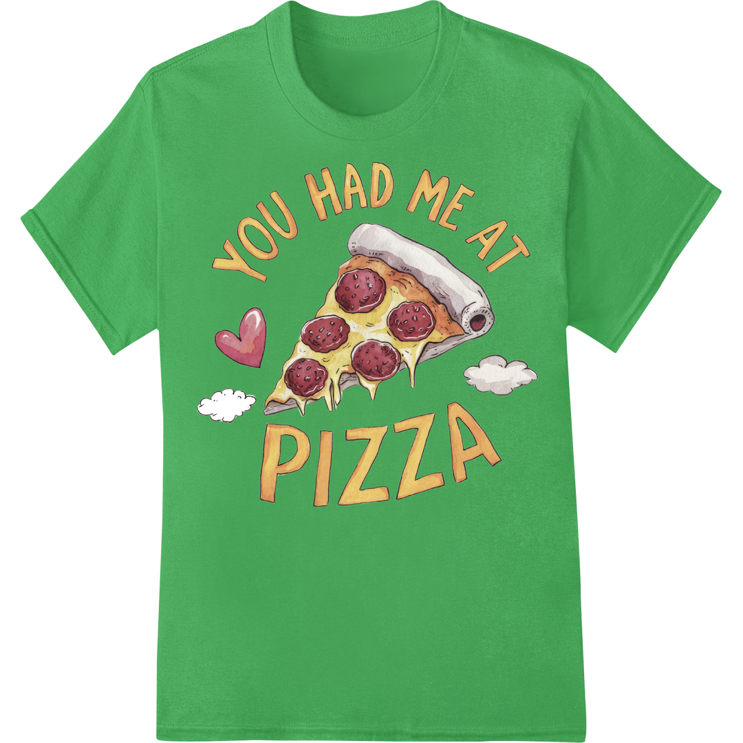 Tasty Love: Pizza Heart DTF Print Heat Transfer on green shirt - SUPERDTF-DTF Prints-DTF Transfers-Custom DTF Prints