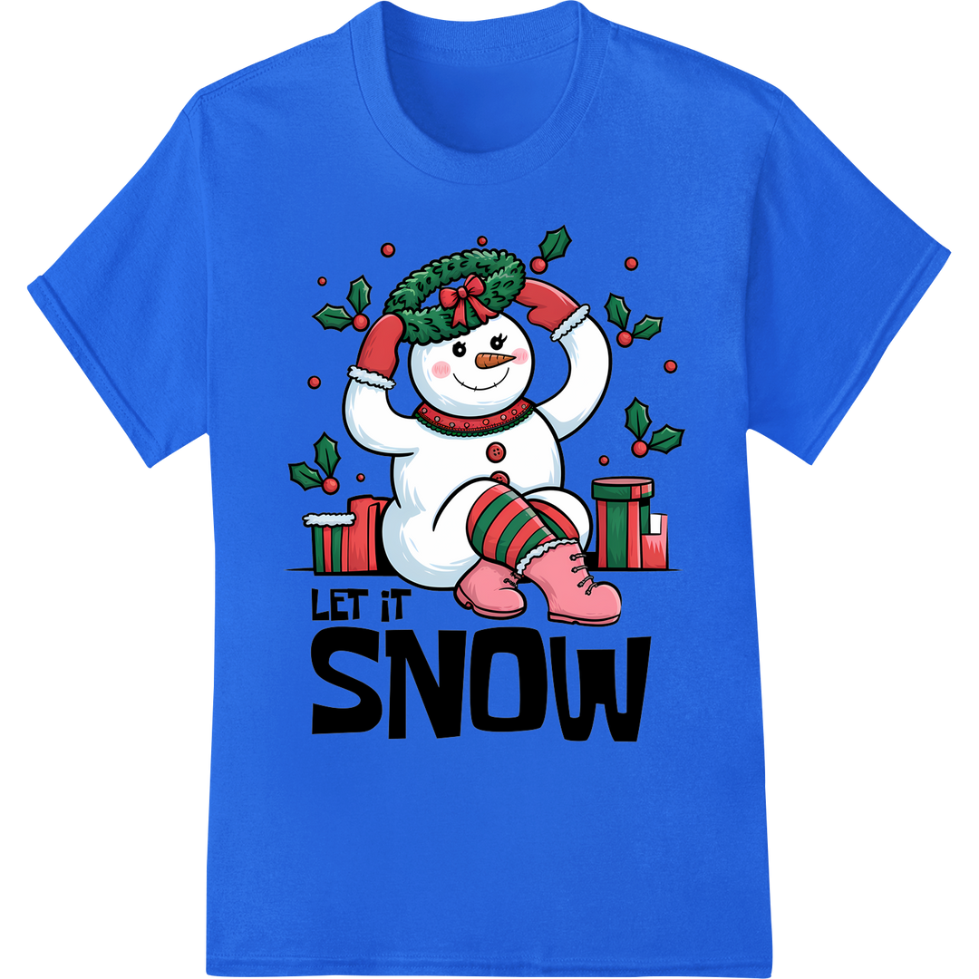 Adorable Snowman 'Let It Snow' Christmas DTF Print Transfer on blue shirt - SUPERDTF-DTF Prints-DTF Transfers-Custom DTF Prints