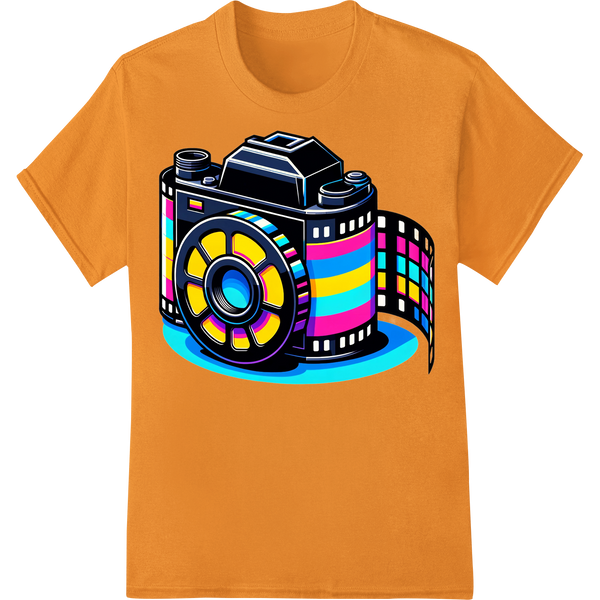 Colorful Geometric Camera - Vibrant DTF Print Heat Transfer on orange shirt - SUPERDTF-DTF Prints-DTF Transfers-Custom DTF Prints