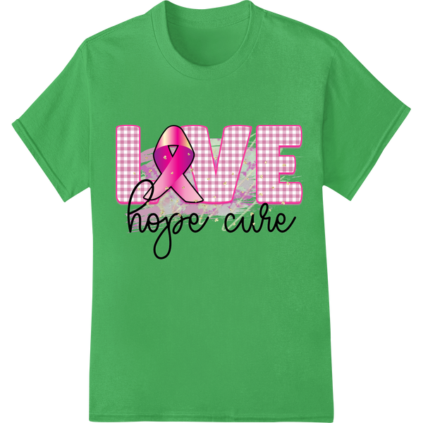 Multicolored heart graphic with the words 'Love Hope Cure' to support breast cancer awareness printed on a light colored...