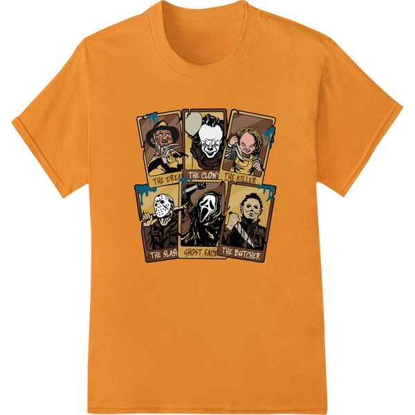 A collection of iconic horror villain designs printed using the Direct to Film (DTF) heat transfer method for custom...