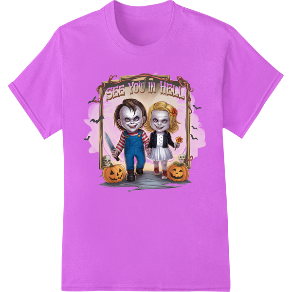 Creepy Cute Halloween Kids 'See You in Hell' DTF Print on purple shirt - SUPERDTF-DTF Prints-DTF Transfers-Custom DTF Prints