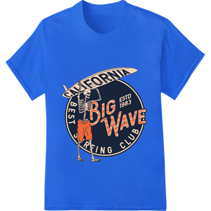 Cutting-edge digital printing featured on Vintage Big Wave Surfing Club California Skeleton Surfer