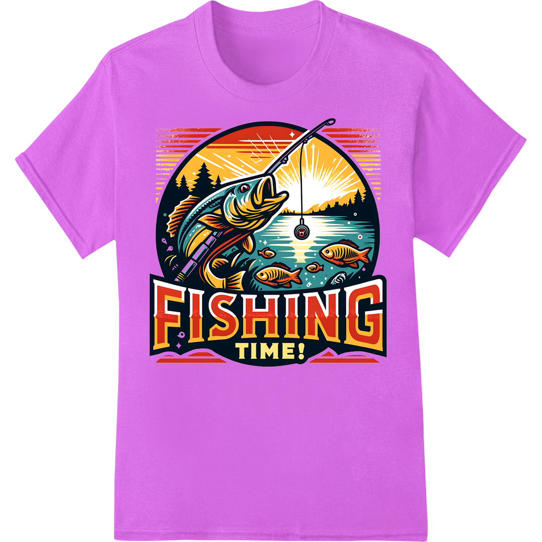 Vintage Fishing Time DTF Print for Anglers & Outdoors Lovers on purple shirt - SUPERDTF-DTF Prints-DTF Transfers-Custom DTF Prints