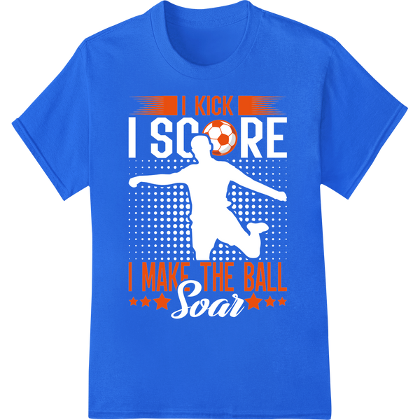 Kick Your Way to Victory: Bold Soccer DTF Print Transfer on blue shirt - SUPERDTF-DTF Prints-DTF Transfers-Custom DTF Prints