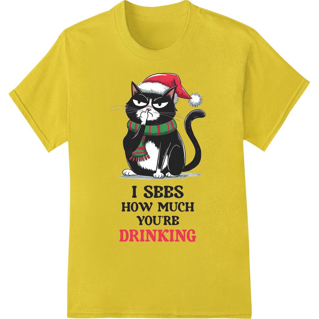 Festive Feline: Grumpy Christmas Cat DTF Heat Transfer Print on yellow shirt - SUPERDTF-DTF Prints-DTF Transfers-Custom DTF Prints