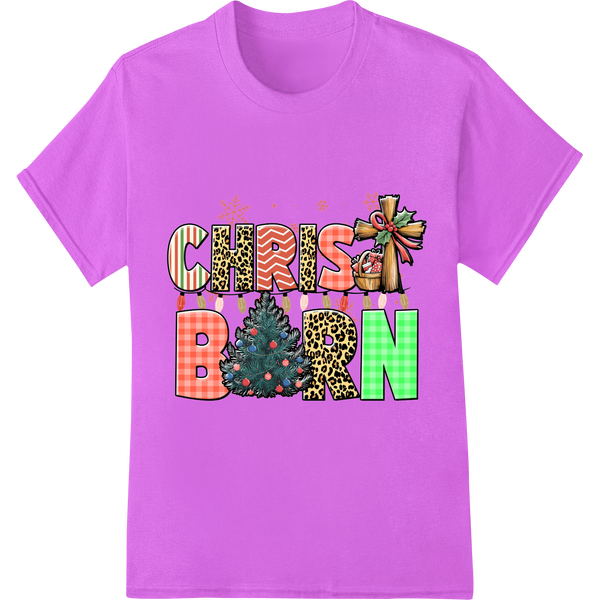 Trendy Leopard 'CHRIS BORN' Christmas DTF Transfer Print on purple shirt - SUPERDTF-DTF Prints-DTF Transfers-Custom DTF Prints