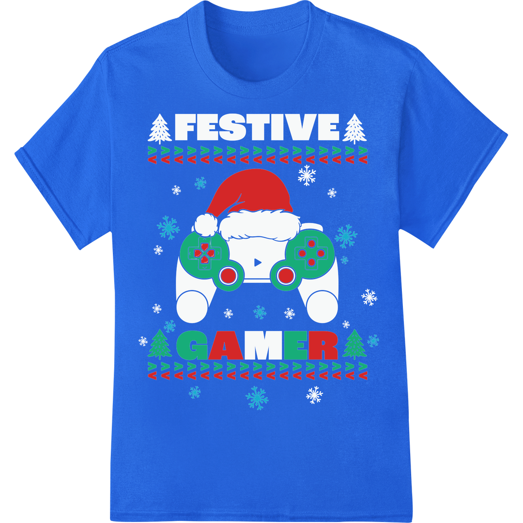 Retro Gamer Christmas DTF Print | Festive Gaming Design on blue shirt - SUPERDTF-DTF Prints-DTF Transfers-Custom DTF Prints