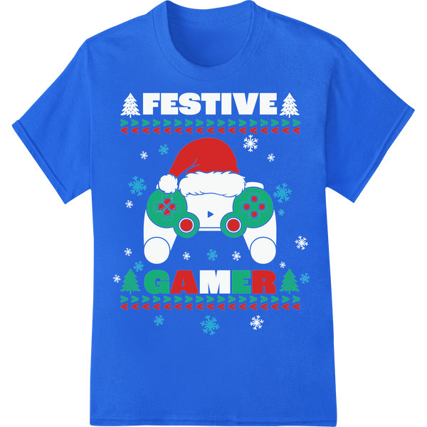 Retro Gamer Christmas DTF Print | Festive Gaming Design on blue shirt - SUPERDTF-DTF Prints-DTF Transfers-Custom DTF Prints