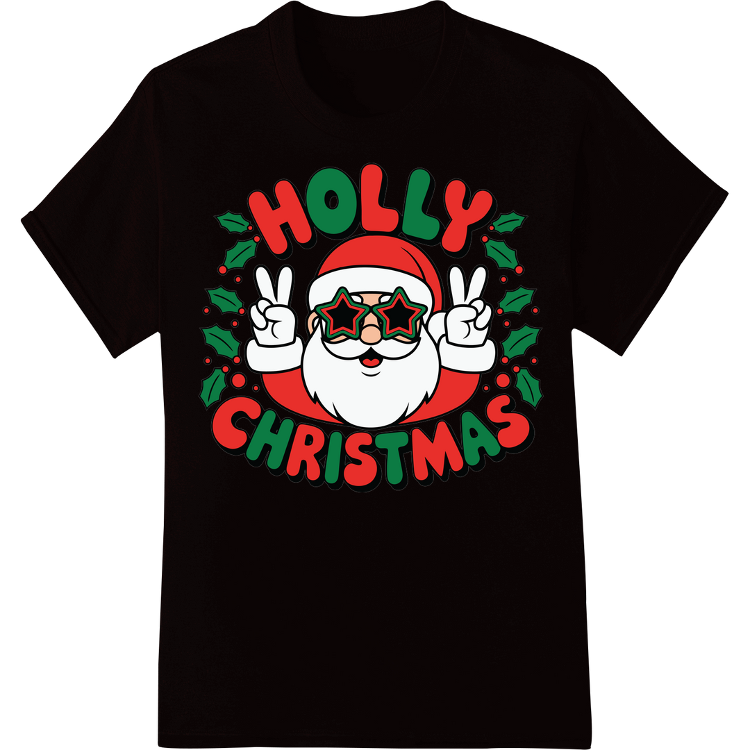 Festive Holly Christmas Santa DTF Print Heat Transfer on black shirt - SUPERDTF-DTF Prints-DTF Transfers-Custom DTF Prints