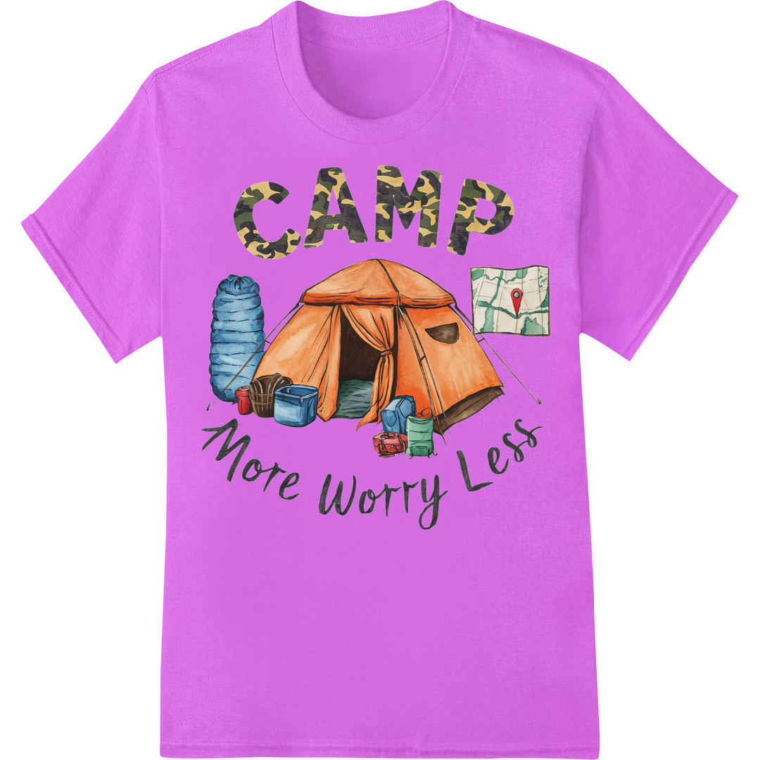 Camp More Worry Less: Embrace Adventure with Style on purple shirt - SUPERDTF-DTF Prints-DTF Transfers-Custom DTF Prints