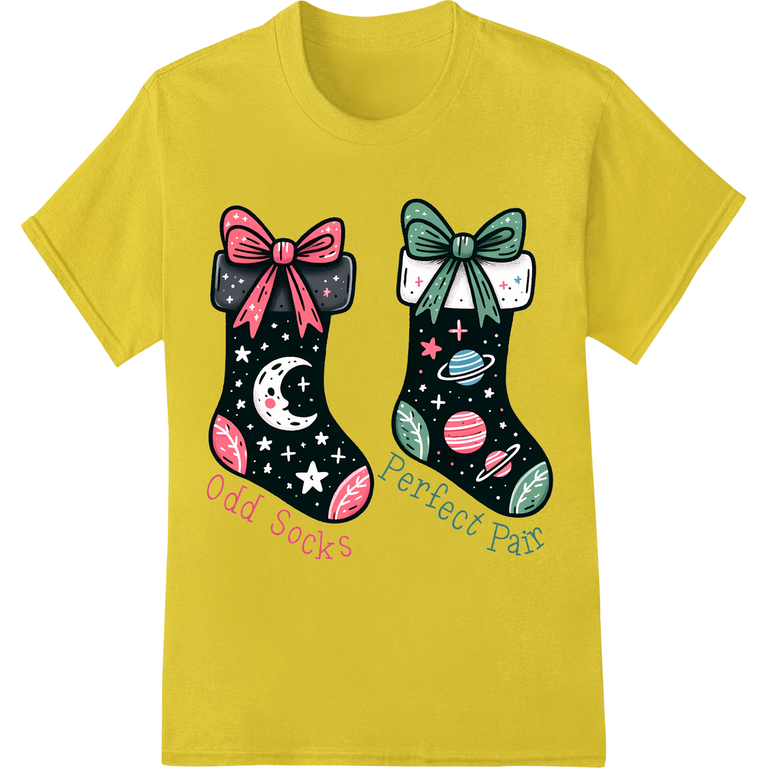 Festive Mismatched Christmas Socks DTF Print Heat Transfer on yellow shirt - SUPERDTF-DTF Prints-DTF Transfers-Custom DTF Prints