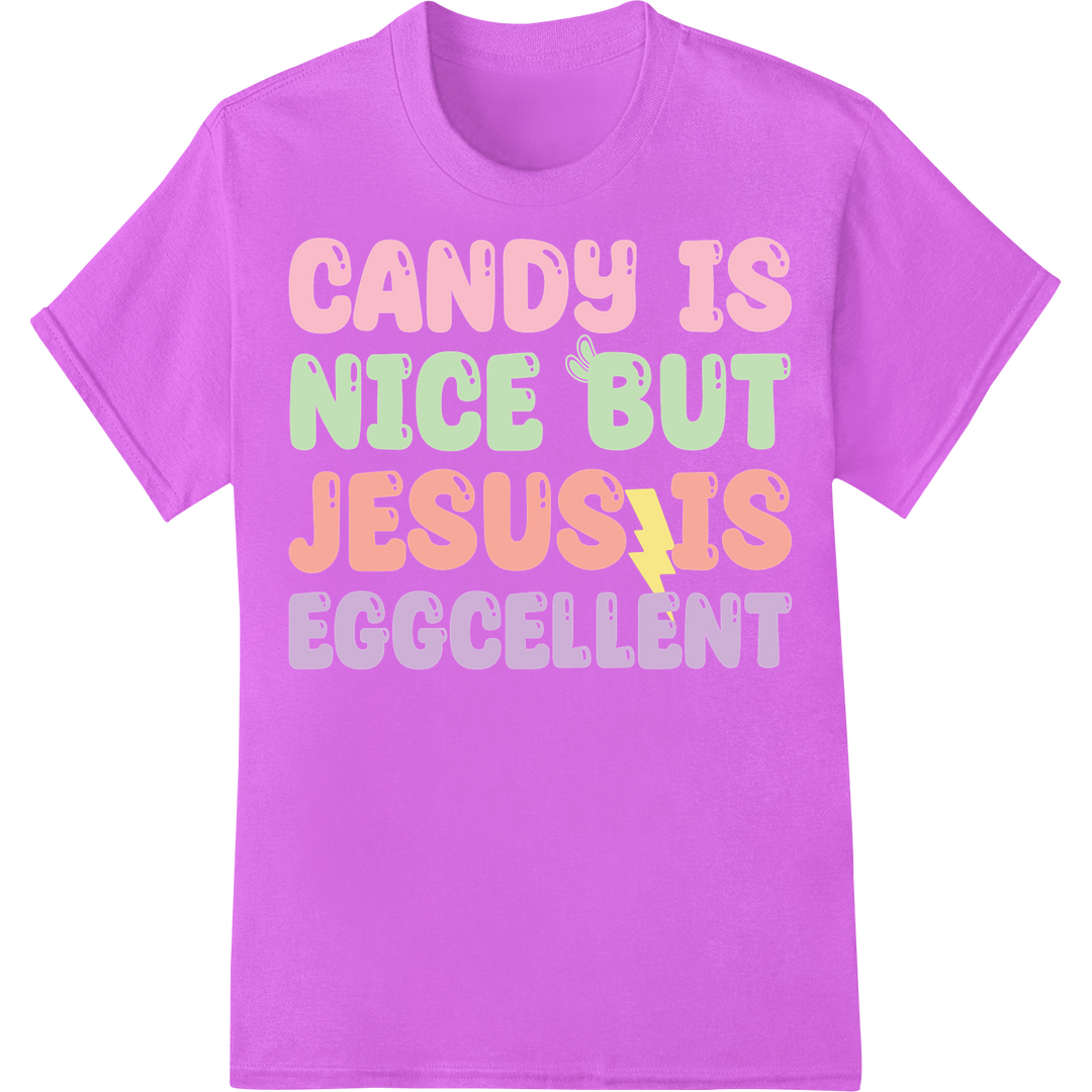 Eggcellent Easter: Celebrate Jesus with Playful DTF Print on purple shirt - SUPERDTF-DTF Prints-DTF Transfers-Custom DTF Prints