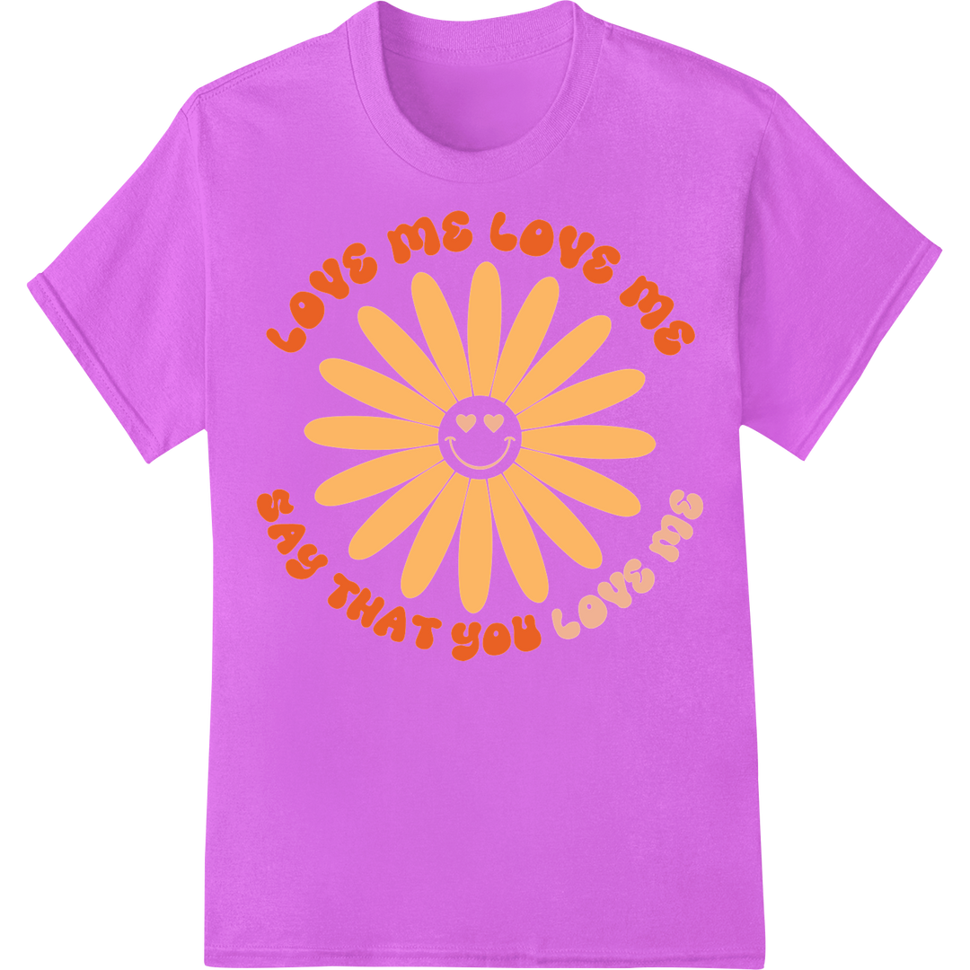 Playful 'Love Me' Daisy Print - Perfect Valentine's DTF Transfer on purple shirt - SUPERDTF-DTF Prints-DTF Transfers-Custom DTF Prints