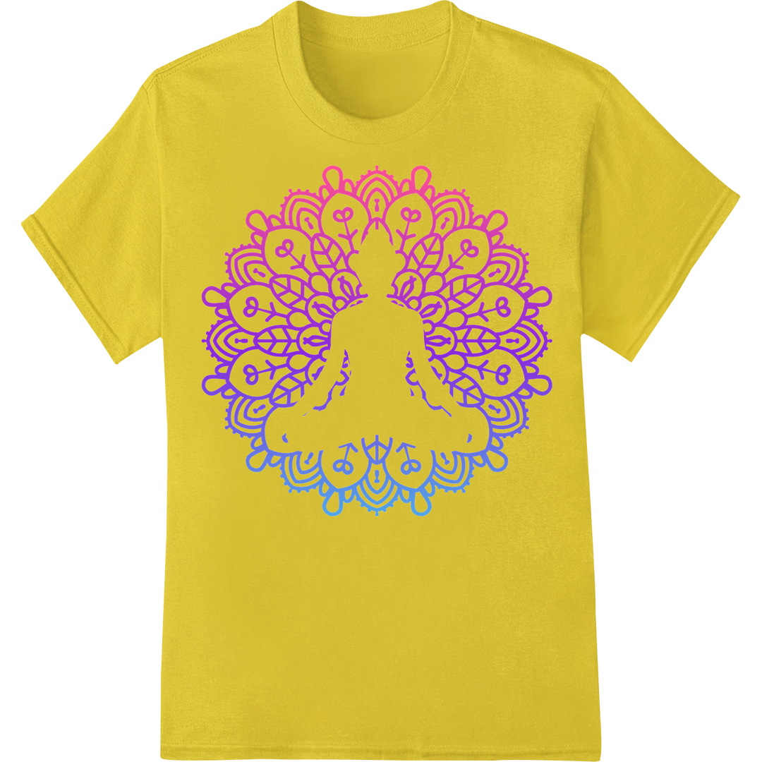 Vibrant Mandala Yoga DTF Heat Transfer Print | Spiritual Style on yellow shirt - SUPERDTF-DTF Prints-DTF Transfers-Custom DTF Prints