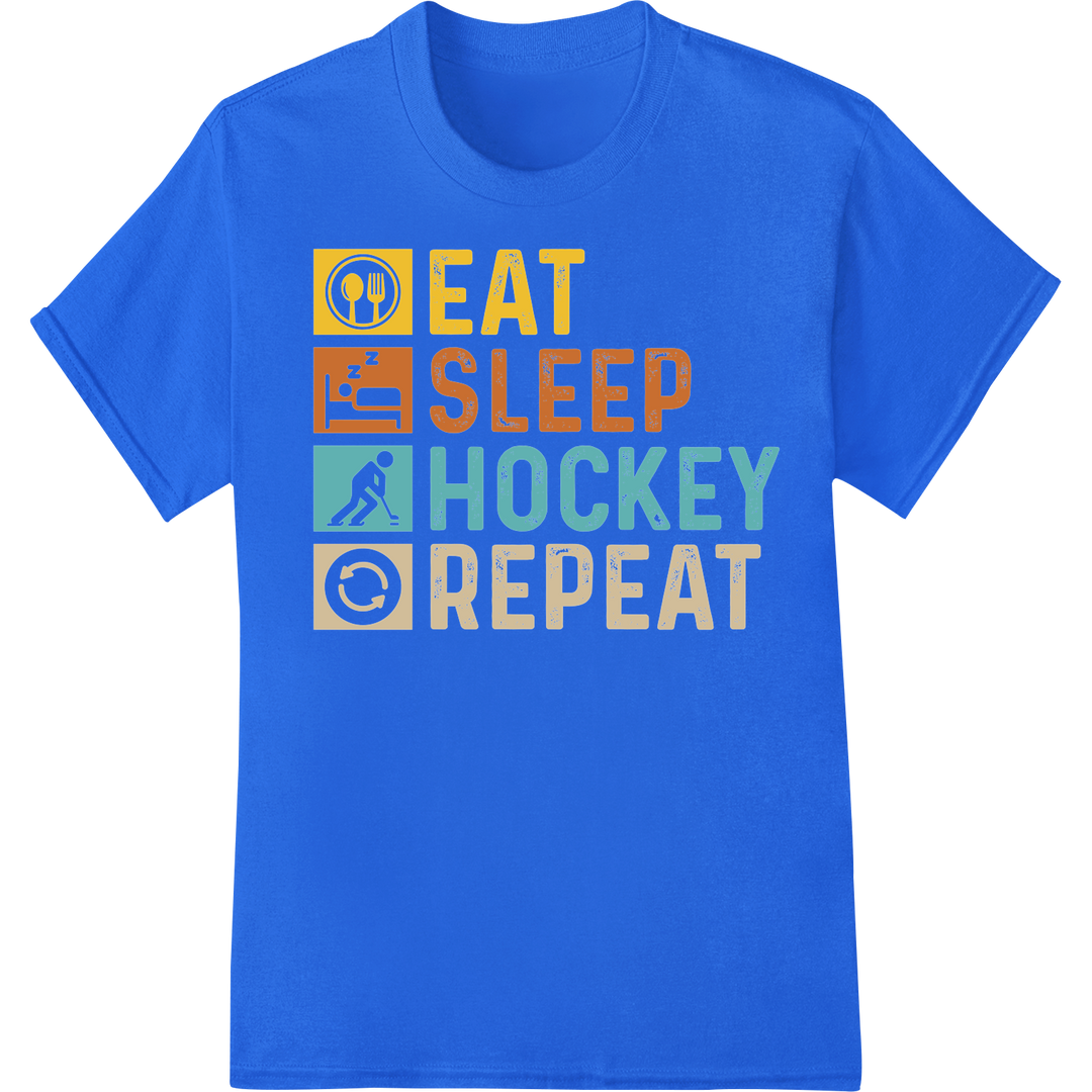 Eat Sleep Hockey Repeat - Bold DTF Print Heat Transfer on blue shirt - SUPERDTF-DTF Prints-DTF Transfers-Custom DTF Prints