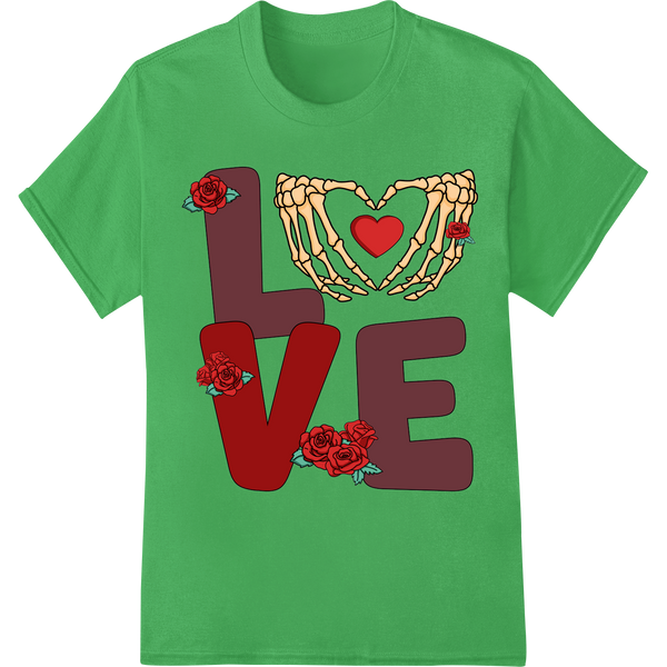 Skeleton Hands Heart LOVE: Bold Valentine's Day DTF Print on green shirt - SUPERDTF-DTF Prints-DTF Transfers-Custom DTF Prints