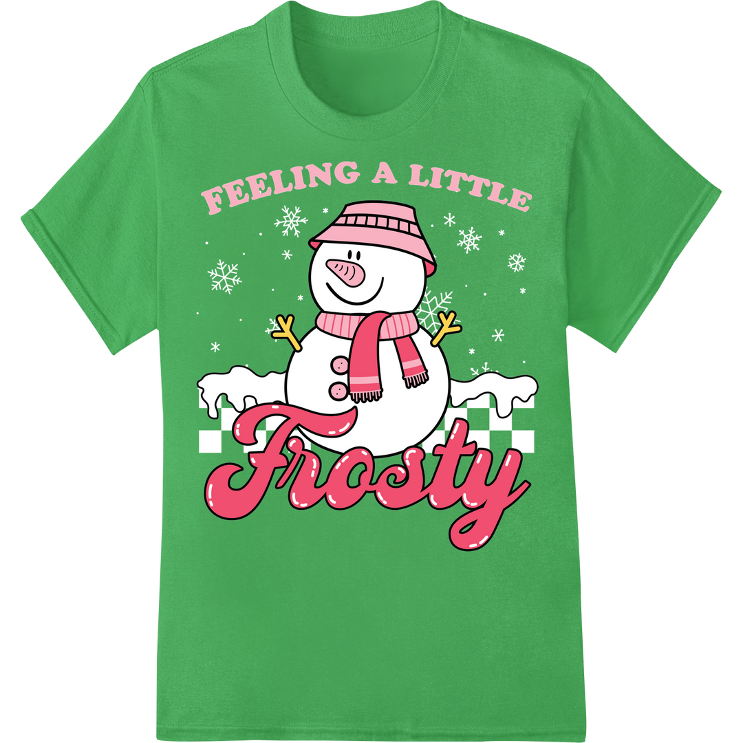 Feeling Frosty: Adorable Pink Snowman DTF Heat Transfer on green shirt - SUPERDTF-DTF Prints-DTF Transfers-Custom DTF Prints