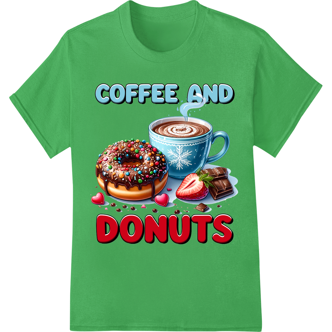 Indulge in Whimsy with 'Coffee and Donuts' DTF Print on green shirt - SUPERDTF-DTF Prints-DTF Transfers-Custom DTF Prints