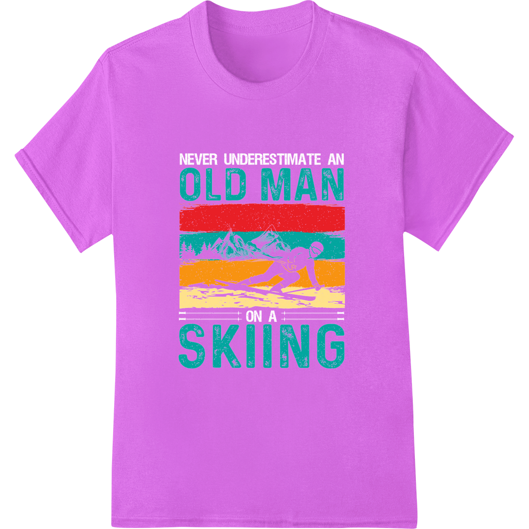 Vintage 'Old Man Skiing' DTF Print | Winter Sports Retro Design on purple shirt - SUPERDTF-DTF Prints-DTF Transfers-Custom DTF Prints