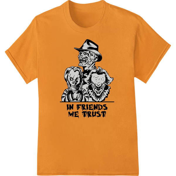 Vibrant heat transfer print on Sinister Clowns 'In Friends We Trust' Edgy DTF Print